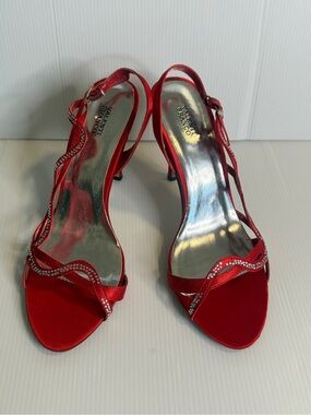 Valenti Franco Red Satin Open-Toe Slingback Heels with Crystal Rhinestones Trim